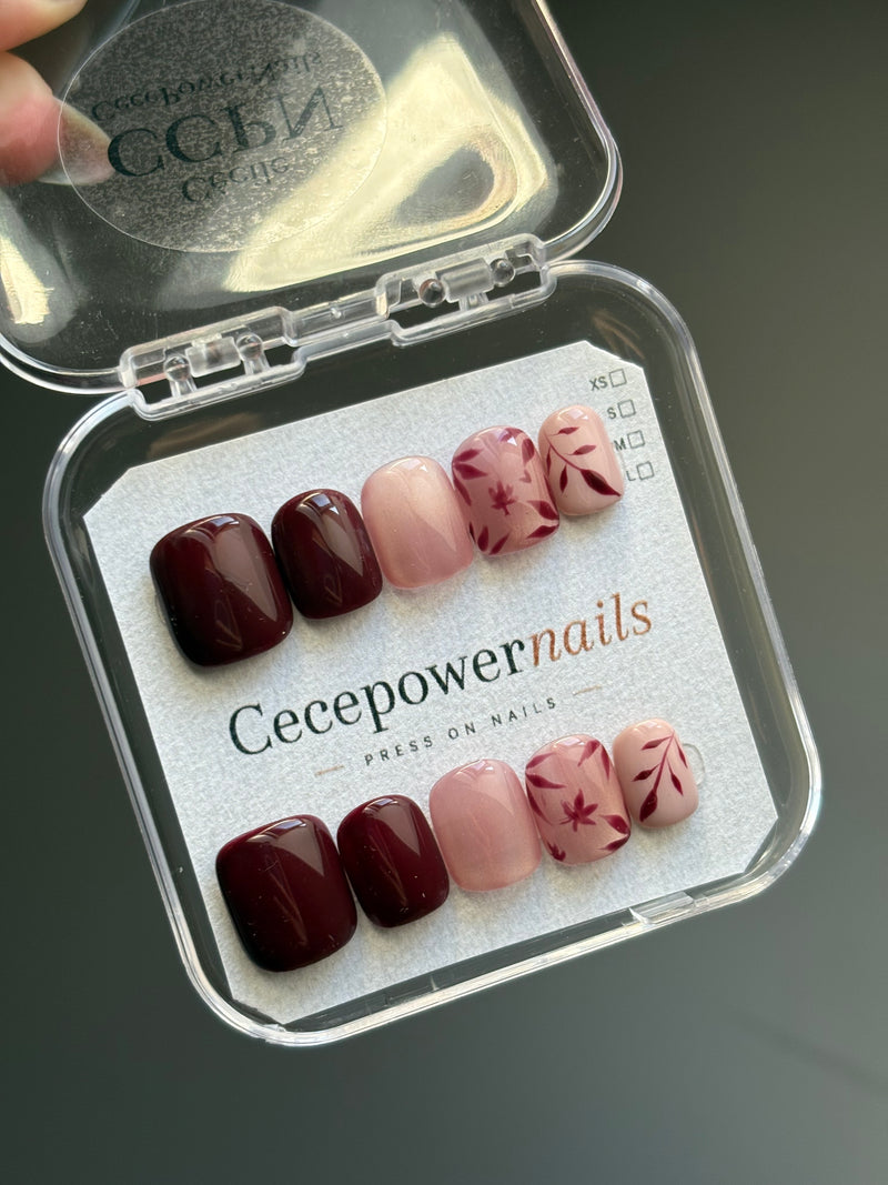 Press on Nails-Burgundy Garden