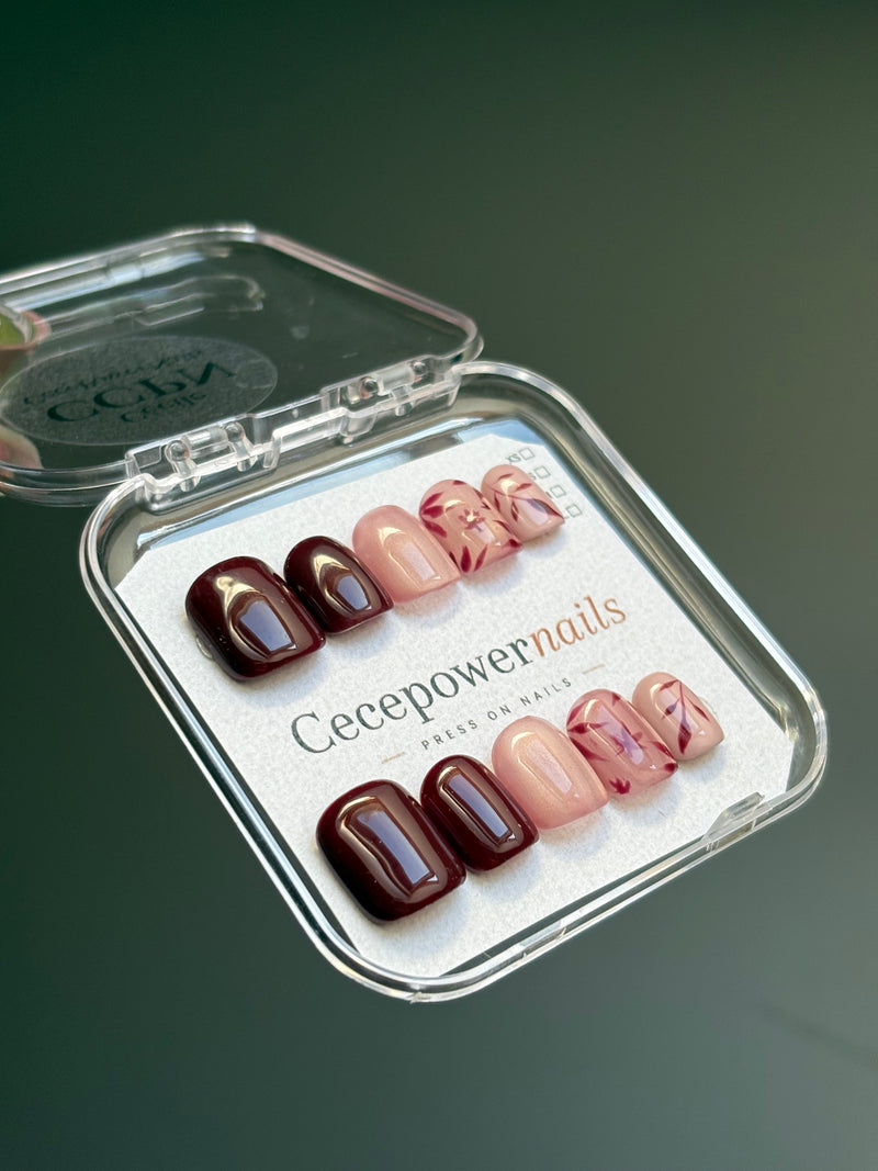 Press on Nails-Burgundy Garden